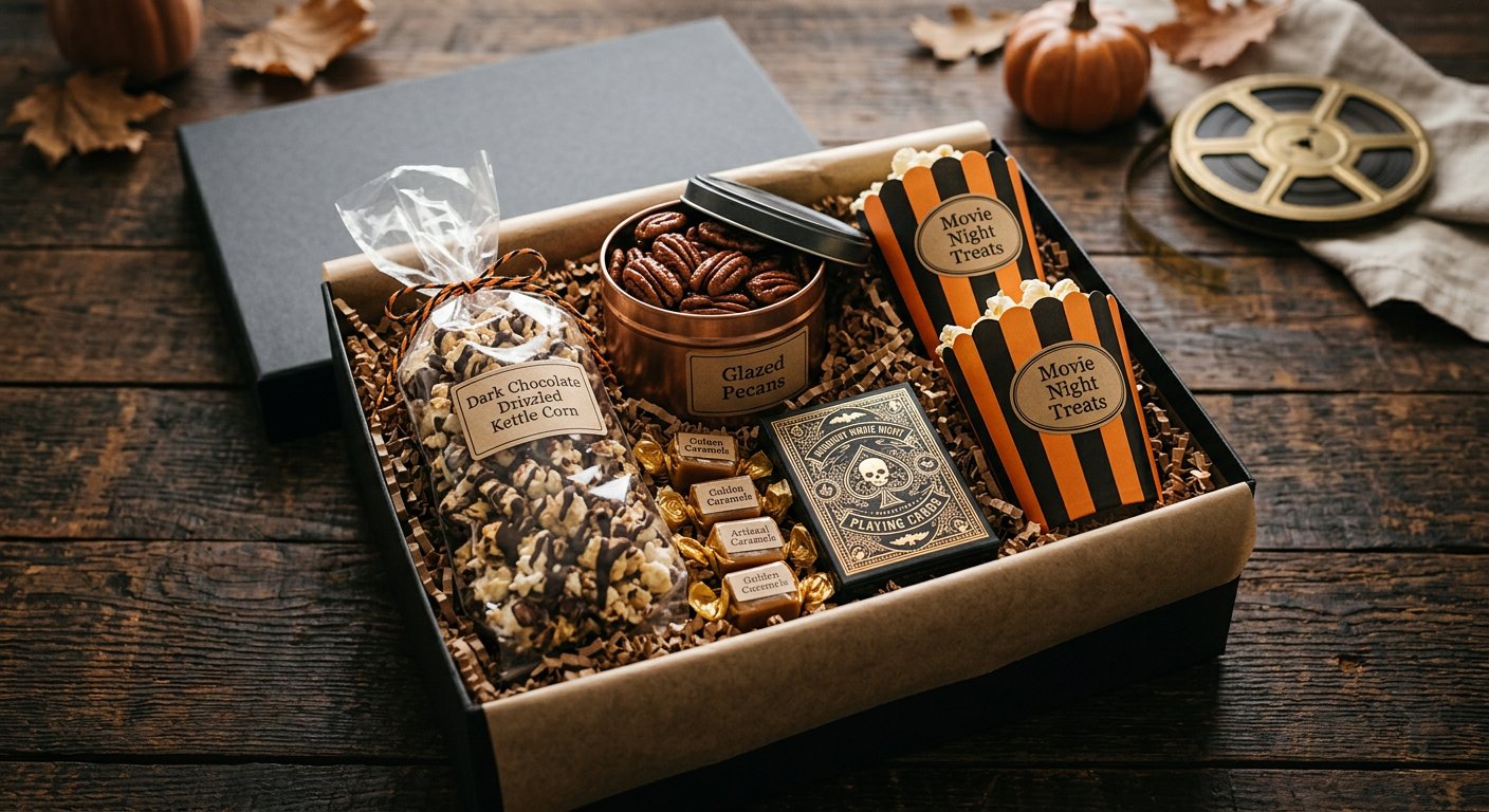 Matte charcoal Halloween movie night gift box filled with dark-cocoa drizzled kettle corn, copper tin of glazed pecans, wrapped apple cider caramels, trivia deck, and striped popcorn cups.