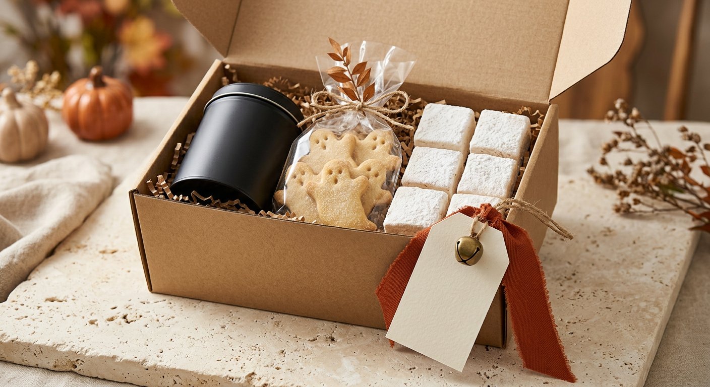Kraft Halloween neighbor gift box containing a black hot cocoa tin, ghost-stamped shortbread cookies, square vanilla bean marshmallows, and a cream door hanger tag with brass bell.