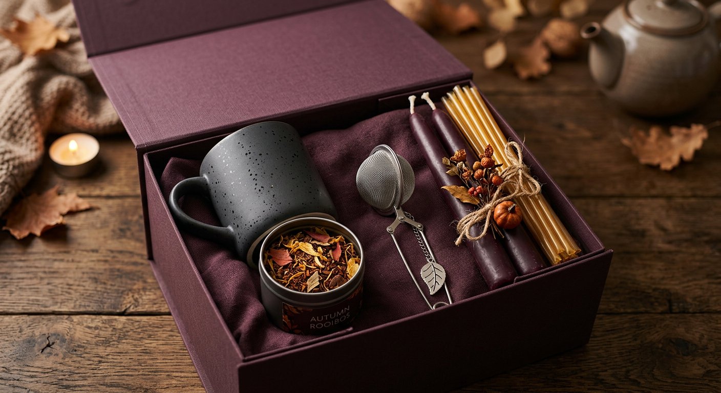 Plum-lined autumn tea gift box holding a matte charcoal ceramic mug, dark tin of loose rooibos tea with marigold petals, steel infuser, wildflower honey straws, and dark plum beeswax tapers.