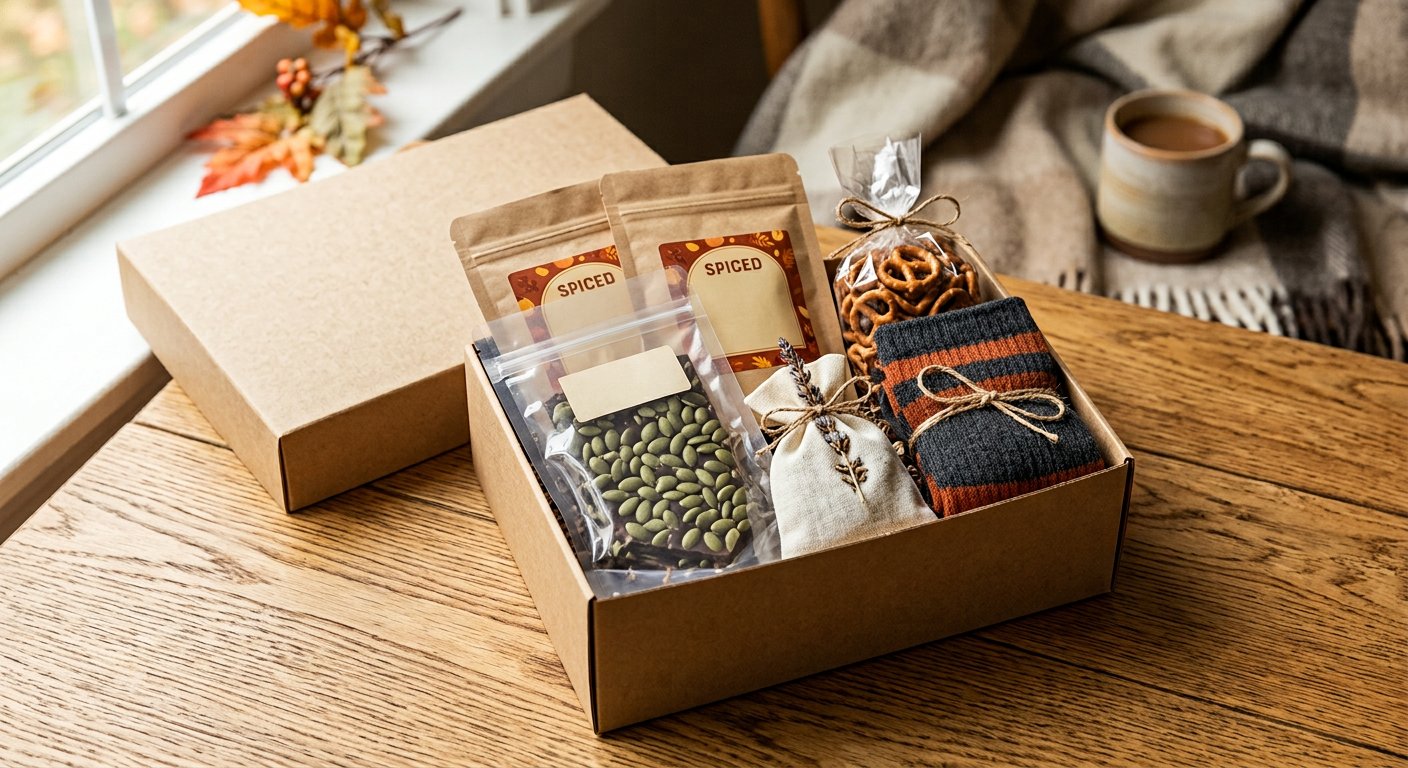 Dorm-friendly Halloween care package containing dark chocolate pepita bark, instant spiced cider packets, savory herb pretzel twists, charcoal-and-orange knit crew socks, and a linen scent sachet.