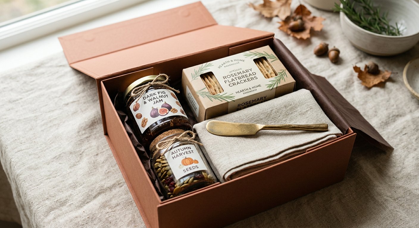 Autumn hostess gift box with a jar of black-mission fig and walnut jam, rosemary olive-oil flatbread crackers, oatmeal linen gourd-print kitchen towel, brass cheese spreader, and pepita cranberry mix.