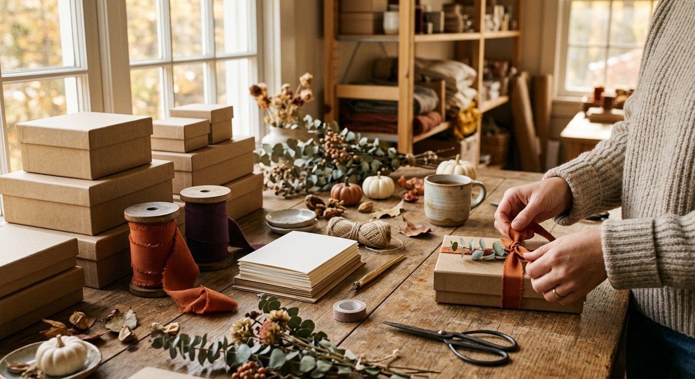 Wooden October packing bench stacked with kraft gift boxes, spools of burnt-orange and deep plum grosgrain ribbon, cream note cards, and miniature pumpkins.